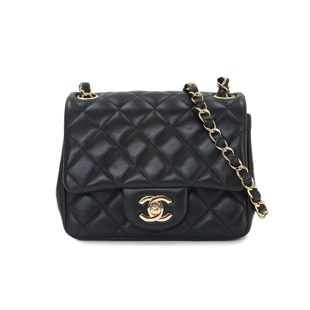 Chanel Mini Matelasse Chain Shoulder Handbag, Lambskin, Black, A01115, Gold H...